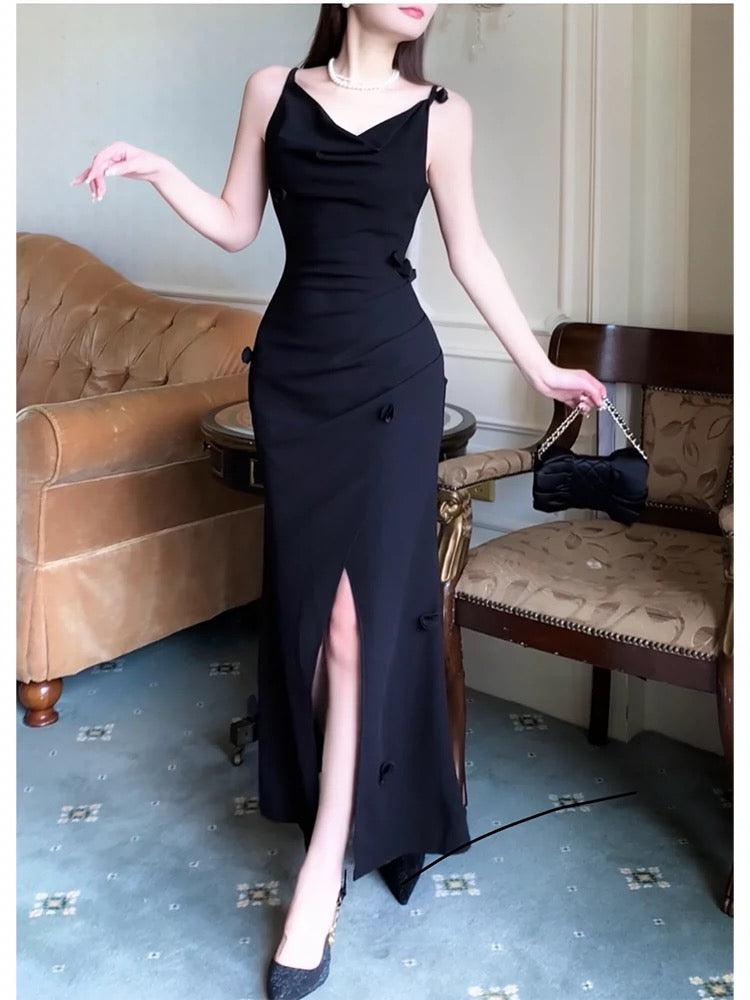 Modest Sheath Spaghetti Straps Long Black Slit Prom Dress Evening Dresses