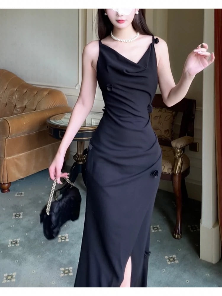 Modest Sheath Spaghetti Straps Long Black Slit Prom Dress Evening Dresses