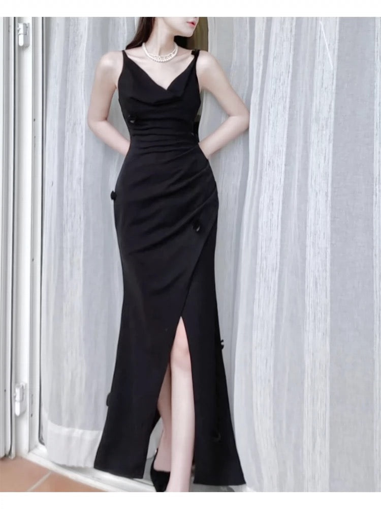 Modest Sheath Spaghetti Straps Long Black Slit Prom Dress Evening Dresses