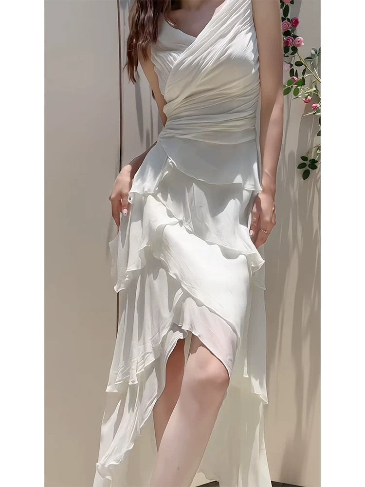 Modest High Low Spaghetti Straps White Chiffon Prom Dress Evening Dresses
