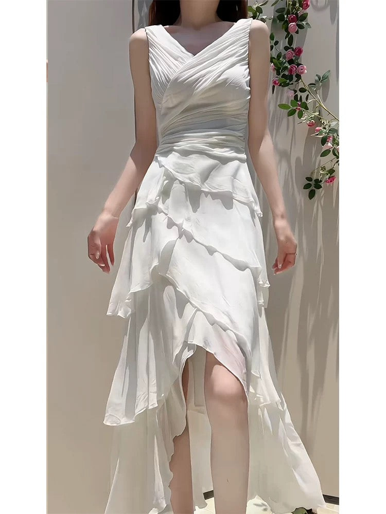Modest High Low Spaghetti Straps White Chiffon Prom Dress Evening Dresses