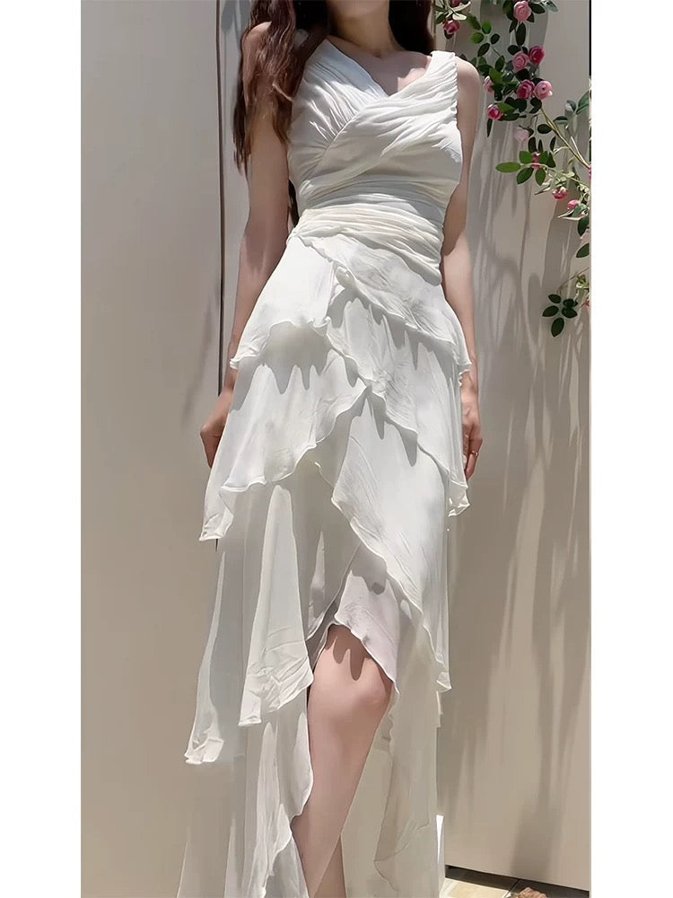 Modest High Low Spaghetti Straps White Chiffon Prom Dress Evening Dresses