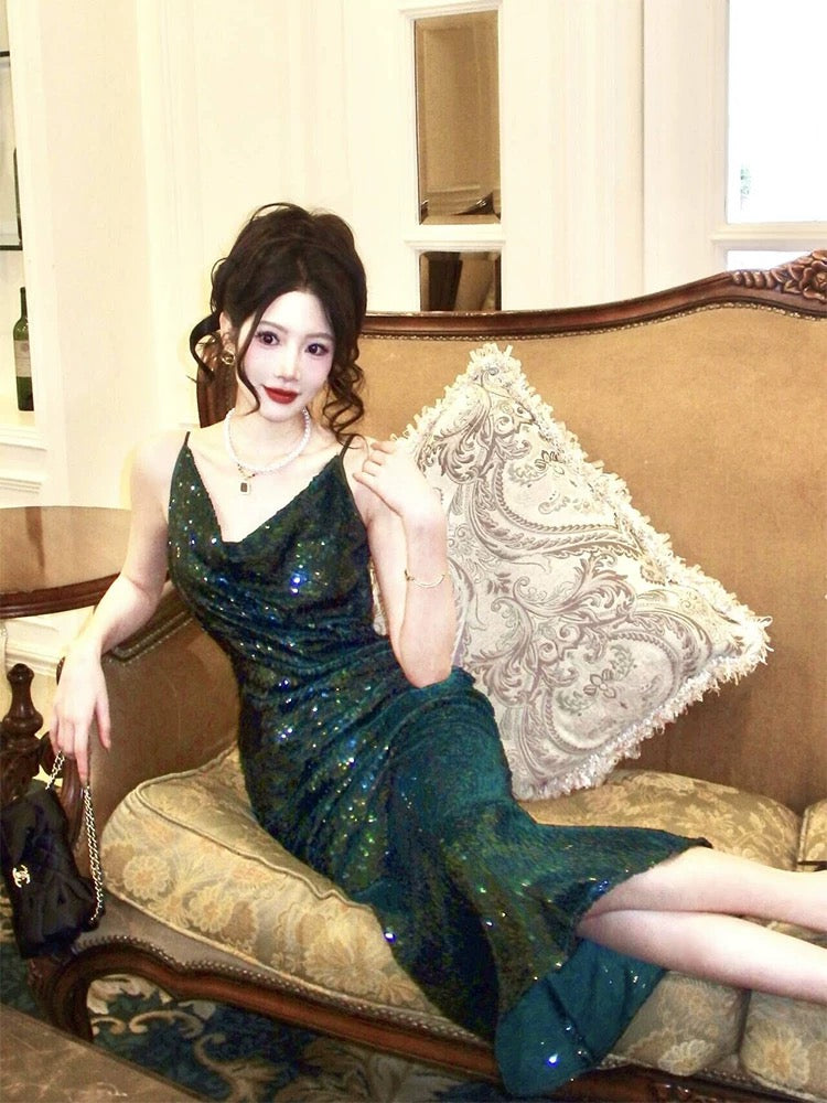 Modest Sheath Spaghetti Straps Sequin Green Prom Dress Evening Dresses