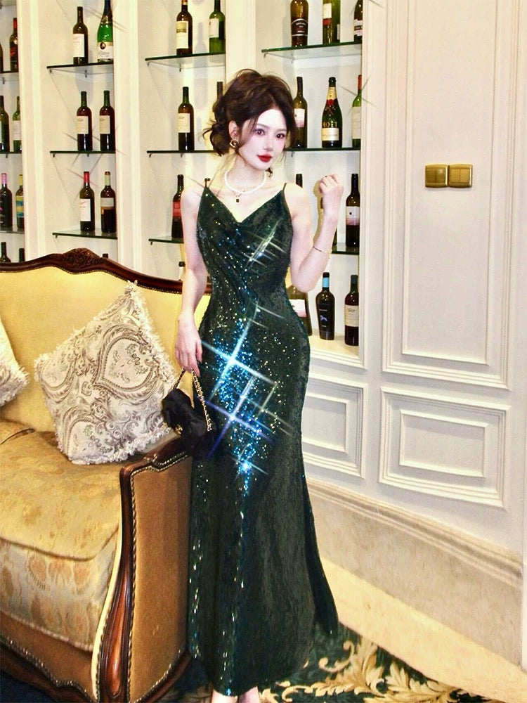 Modest Sheath Spaghetti Straps Sequin Green Prom Dress Evening Dresses