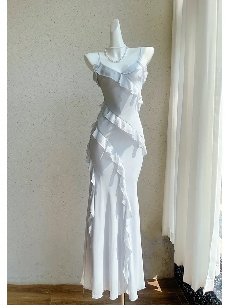 Modest Sheath Spaghetti Straps Chiffon Long Prom Dresses Evening Dress With Ruffles