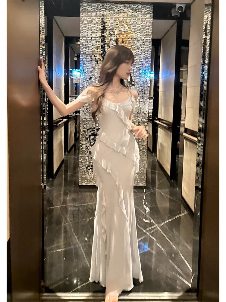 Modest Sheath Spaghetti Straps Chiffon Long Prom Dresses Evening Dress With Ruffles