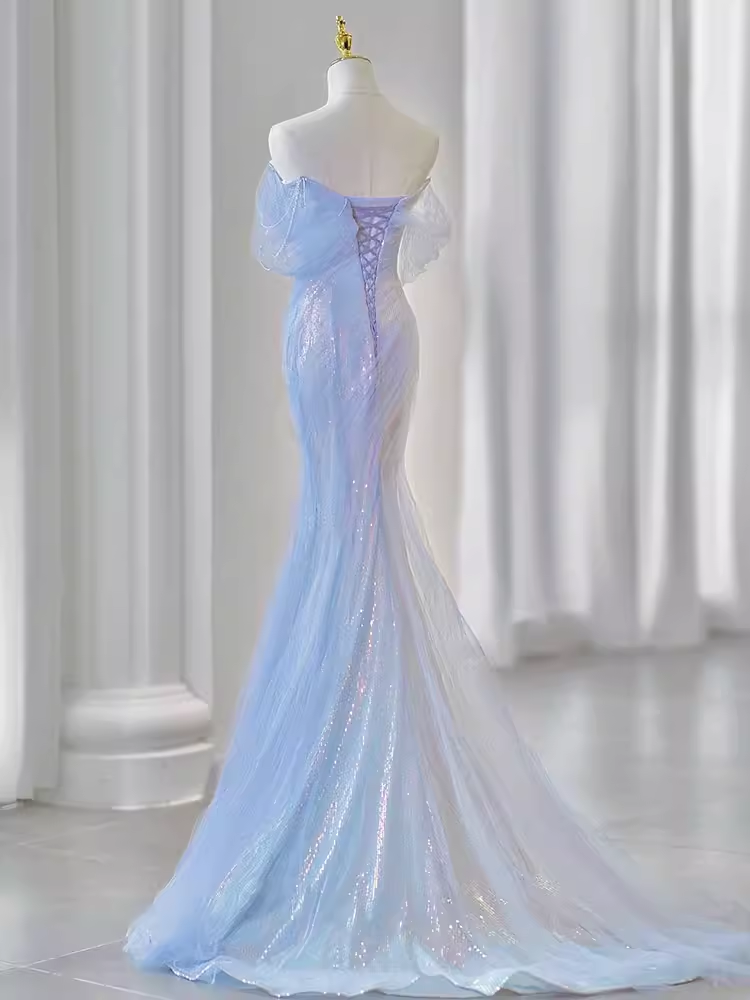 Sexy Mermaid Off The Shoulder Blue Long Prom Dresses Tulle Birthday Outfits