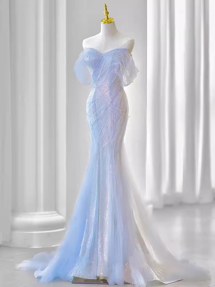 Sexy Mermaid Off The Shoulder Blue Long Prom Dresses Tulle Birthday Outfits