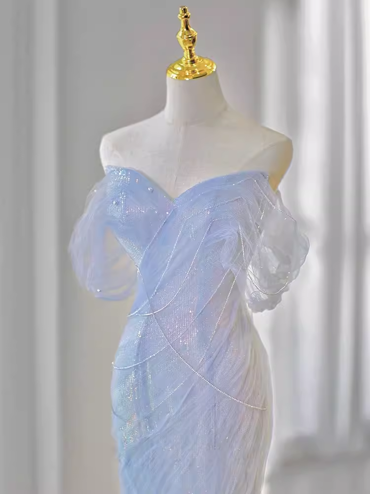 Sexy Mermaid Off The Shoulder Blue Long Prom Dresses Tulle Birthday Outfits