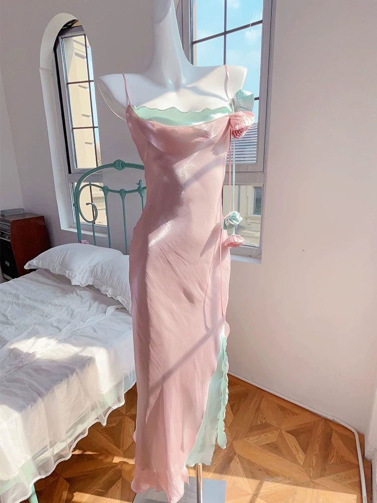 Modest Sheath Spaghetti Straps Pink Long Prom Dresses Evening Dress With Flowers