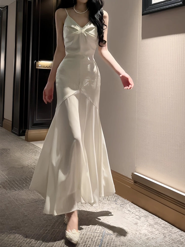 Modest Sheath Spaghetti Straps Ivory Long Prom Dresses Evening Dress With Ruffles