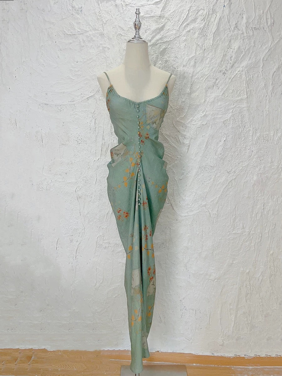 Modest Sheath Spaghetti Straps Green Floral Long Prom Dresses Evening Dress