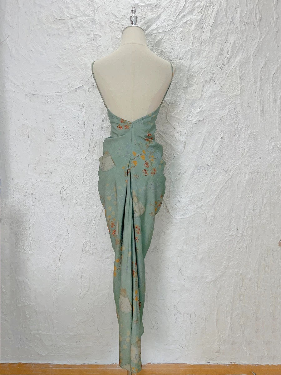 Modest Sheath Spaghetti Straps Green Floral Long Prom Dresses Evening Dress