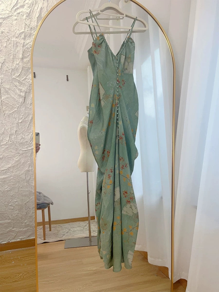 Modest Sheath Spaghetti Straps Green Floral Long Prom Dresses Evening Dress