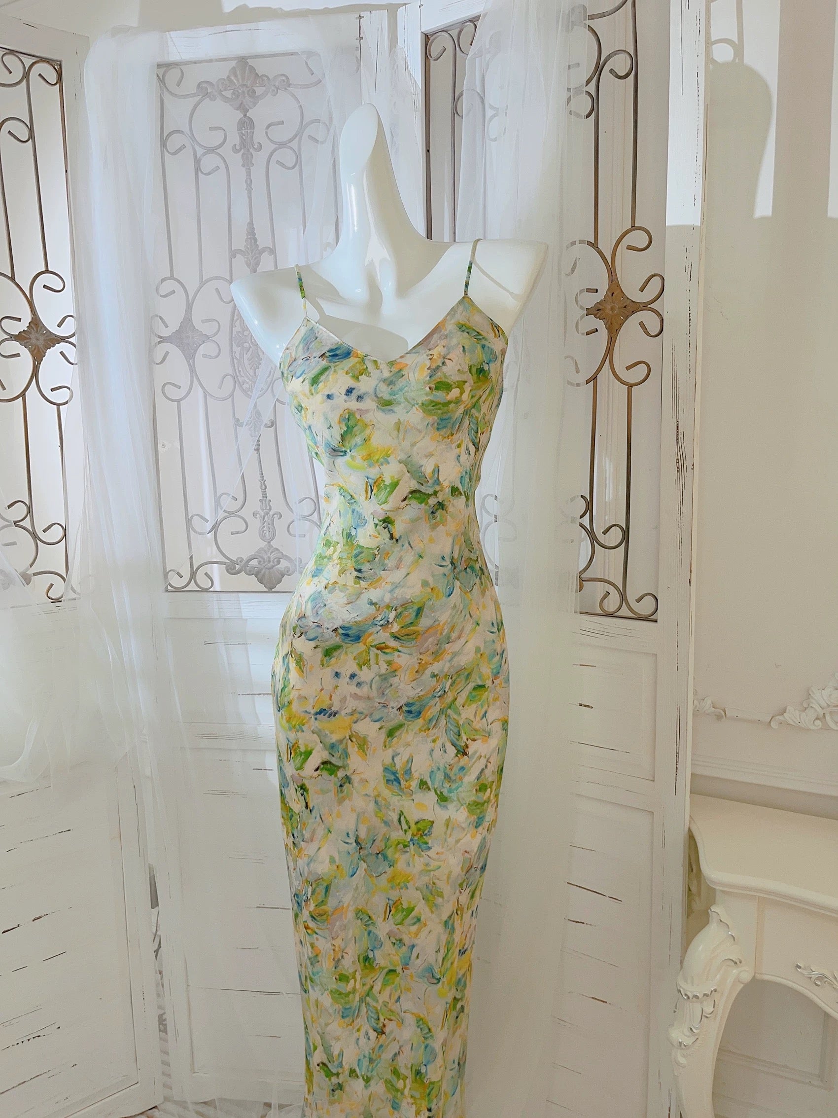 Modest Sheath Spaghetti Straps Green Floral Long Prom Dresses Evening Dress