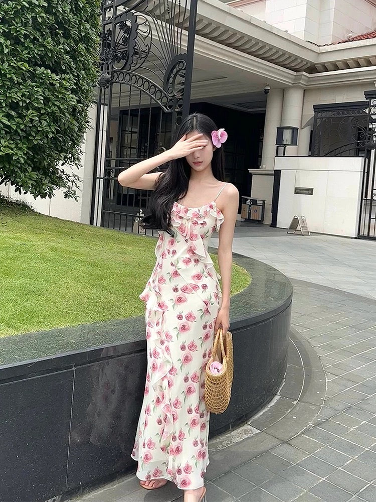 Modest Sheath Spaghetti Straps Pink Floral Chiffon Prom Dresses Ruffles Evening Dress