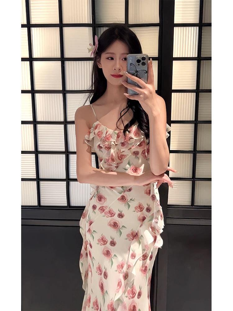 Modest Sheath Spaghetti Straps Pink Floral Chiffon Prom Dresses Ruffles Evening Dress