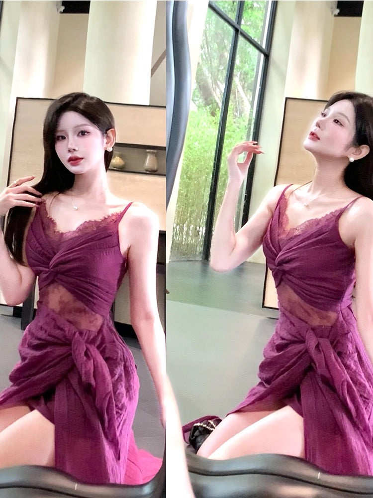 Modest Sheath Spaghetti Straps Lace Prom Dresses Ruffles Slit Evening Dress