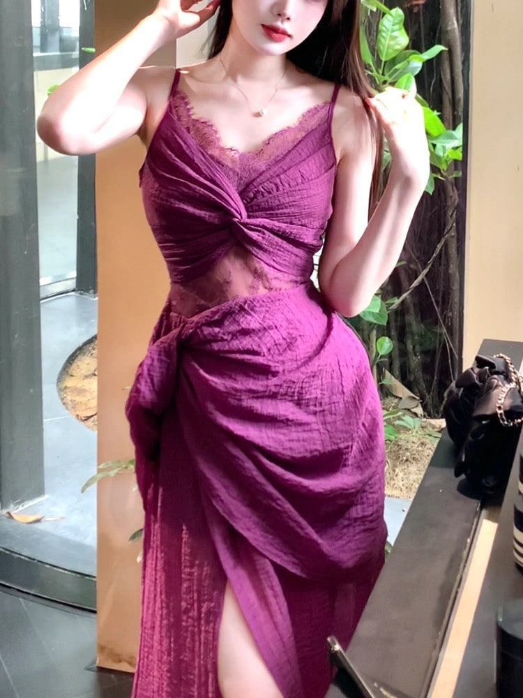 Modest Sheath Spaghetti Straps Lace Prom Dresses Ruffles Slit Evening Dress