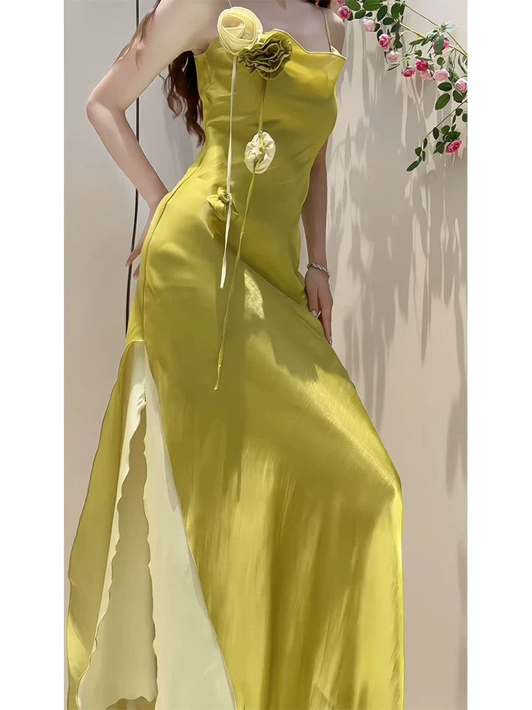 Pretty Sheath Spaghetti Straps Green Long Prom Dresses Evening Dress With Flowers
