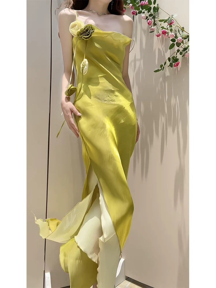 Pretty Sheath Spaghetti Straps Green Long Prom Dresses Evening Dress With Flowers