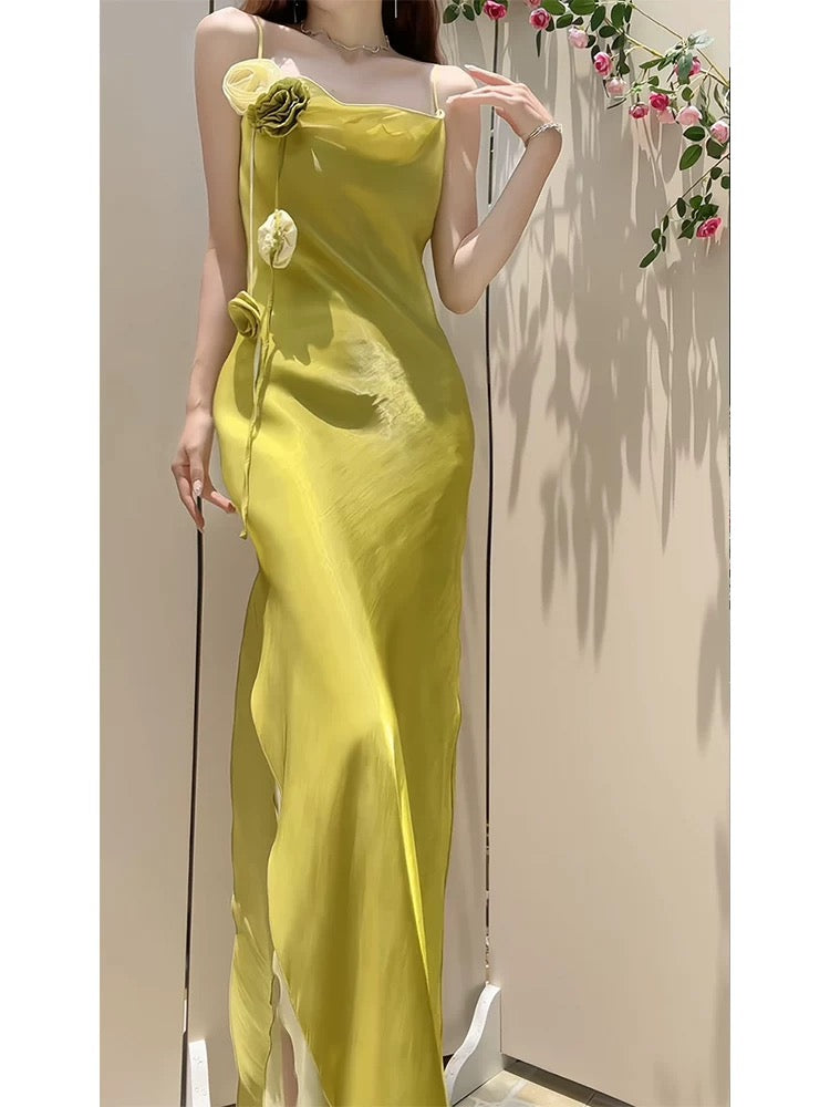 Pretty Sheath Spaghetti Straps Green Long Prom Dresses Evening Dress With Flowers