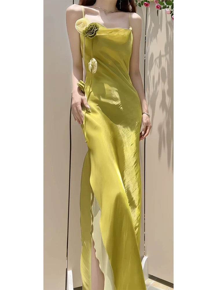 Pretty Sheath Spaghetti Straps Green Long Prom Dresses Evening Dress With Flowers