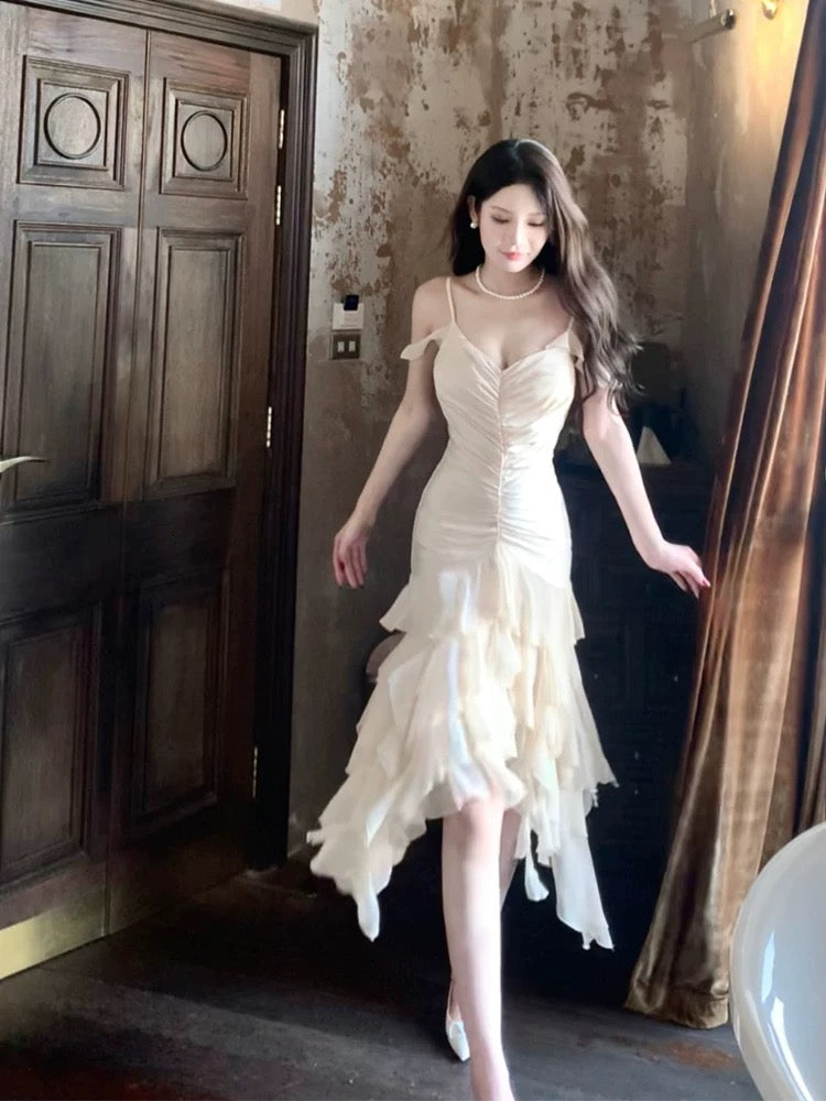 Pretty High Low Spaghetti Straps Chiffon Prom Dresses Evening Dress With Ruffles