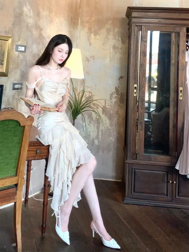 Pretty High Low Spaghetti Straps Chiffon Prom Dresses Evening Dress With Ruffles