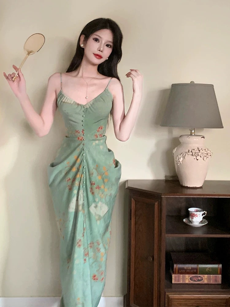 Modest Sheath Spaghetti Straps Green Floral Long Prom Dresses Backless Evening Dress