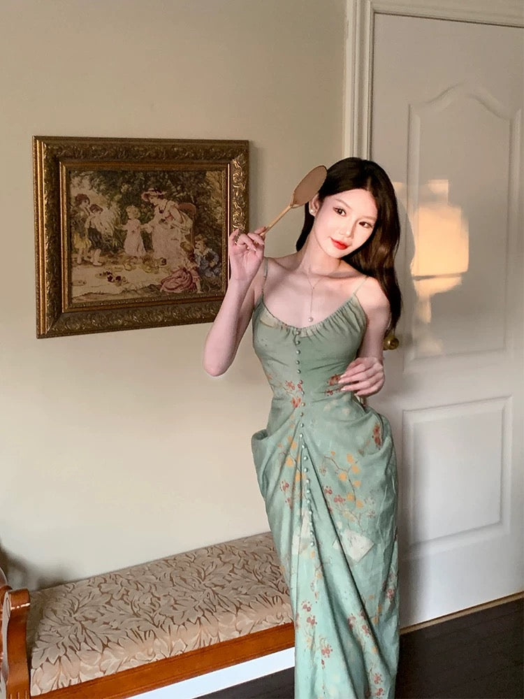 Modest Sheath Spaghetti Straps Green Floral Long Prom Dresses Backless Evening Dress