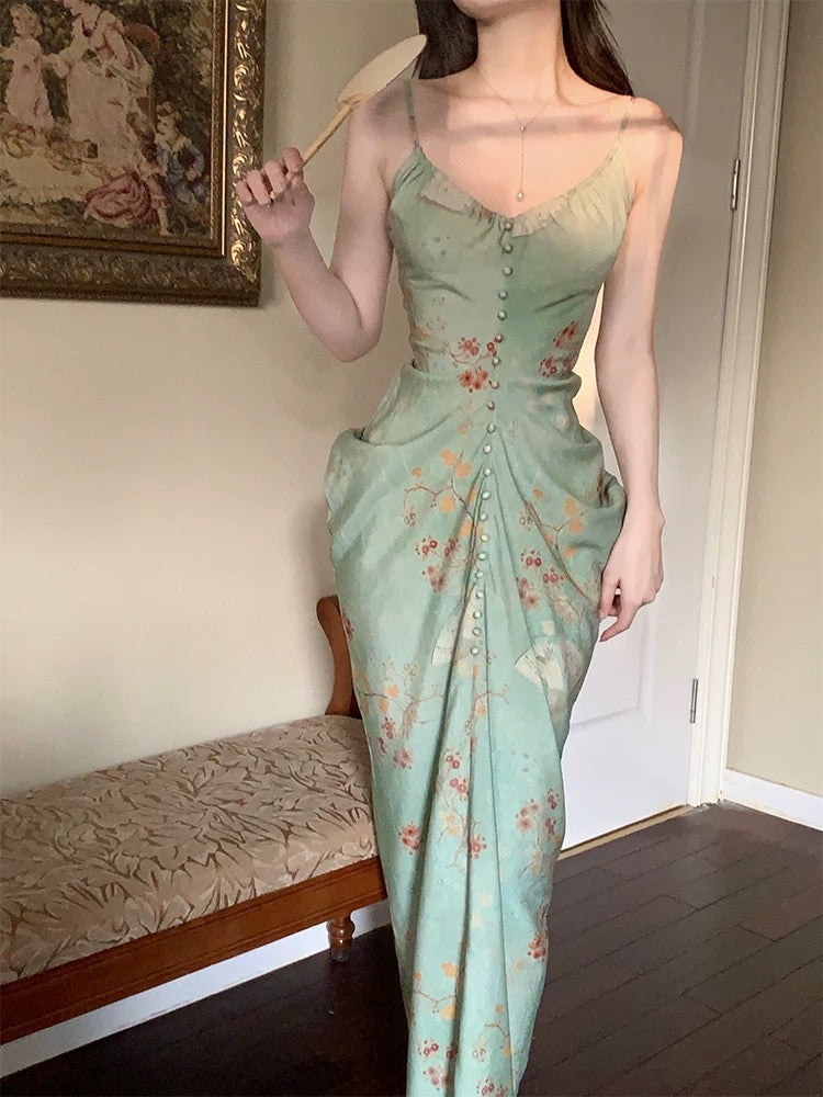 Modest Sheath Spaghetti Straps Green Floral Long Prom Dresses Backless Evening Dress