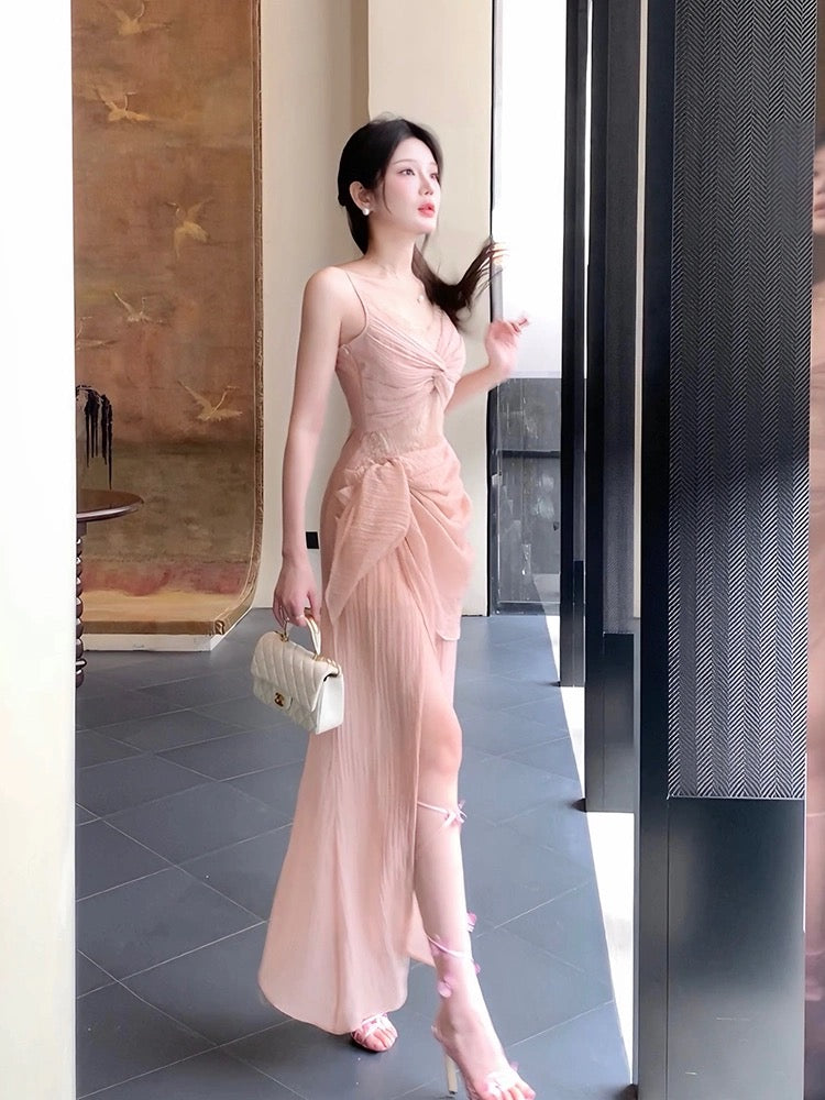 Pretty Sheath Spaghetti Straps Pink Prom Dresses Slit Evening Dress With Lace