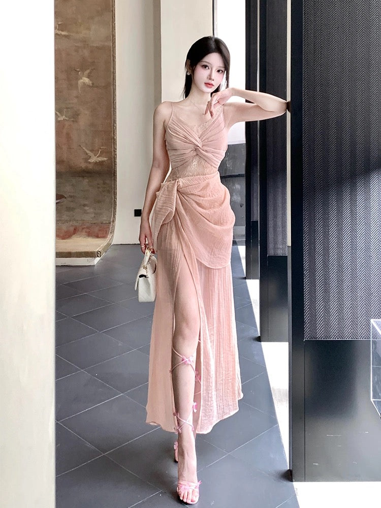 Pretty Sheath Spaghetti Straps Pink Prom Dresses Slit Evening Dress With Lace