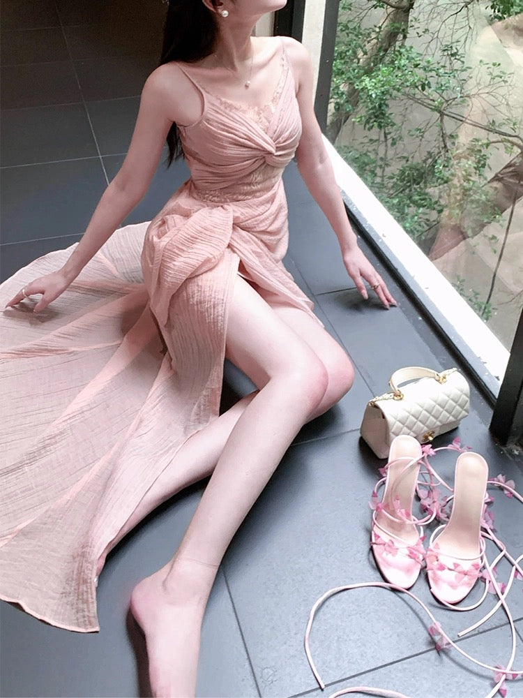 Pretty Sheath Spaghetti Straps Pink Prom Dresses Slit Evening Dress With Lace