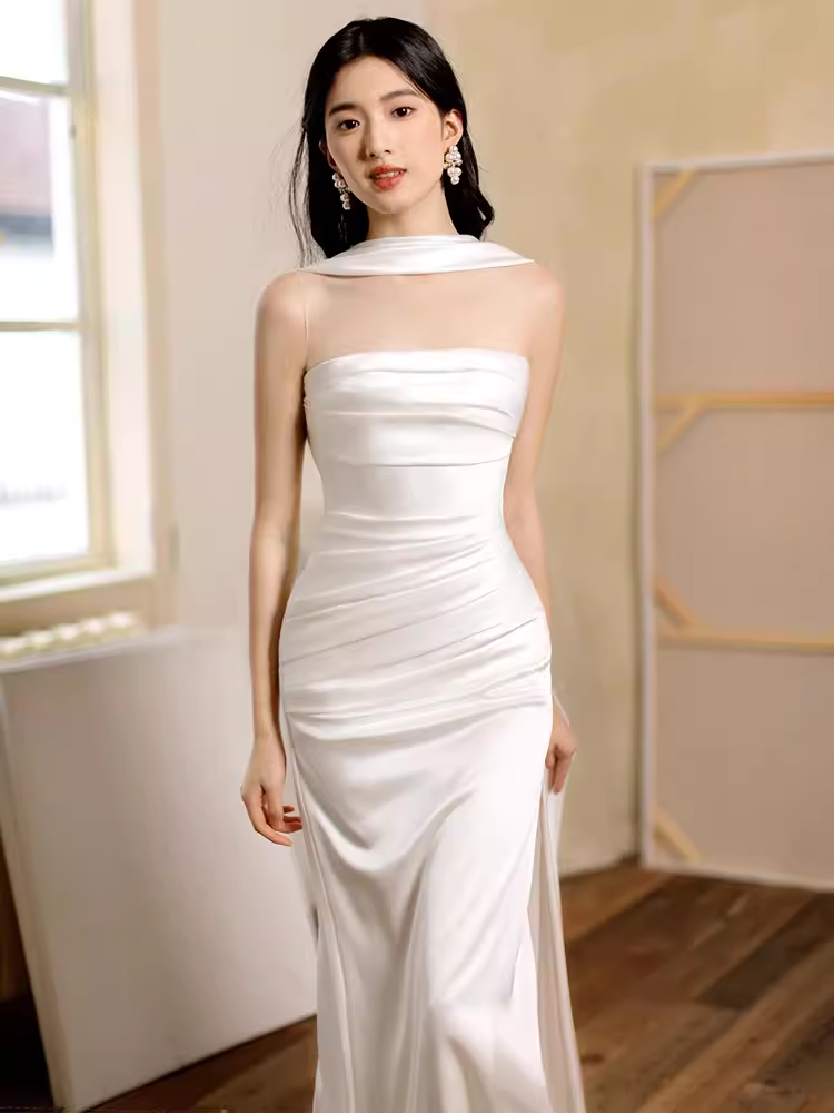 Sexy Sheath Strapless White Long Prom Dresses Satin Slit Birthday Outfits