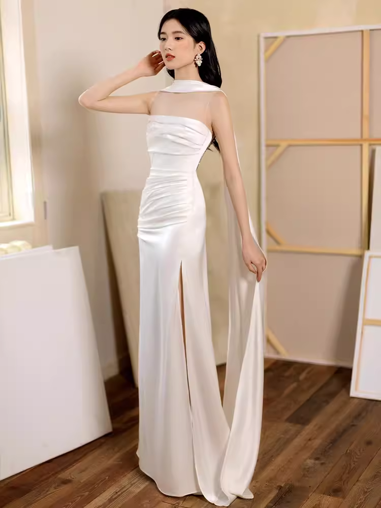 Sexy Sheath Strapless White Long Prom Dresses Satin Slit Birthday Outfits