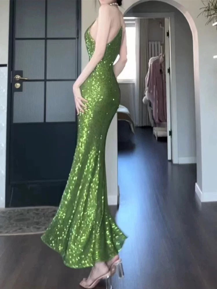 Pretty Sheath Spaghetti Straps Green Sequin Prom Dresses Sexy Evening Dress