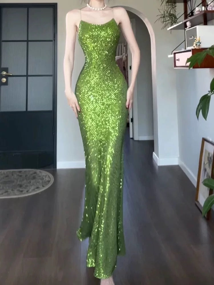 Pretty Sheath Spaghetti Straps Green Sequin Prom Dresses Sexy Evening Dress
