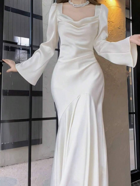 Pretty Mermaid Square Neckline Light Sky Blue Silk Satin Prom Dresses Sexy Evening Dress