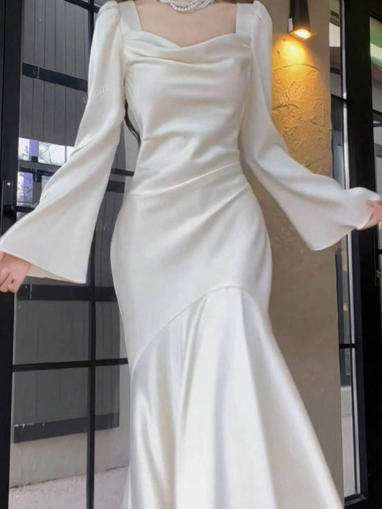 Pretty Mermaid Square Neckline Light Sky Blue Silk Satin Prom Dresses Sexy Evening Dress