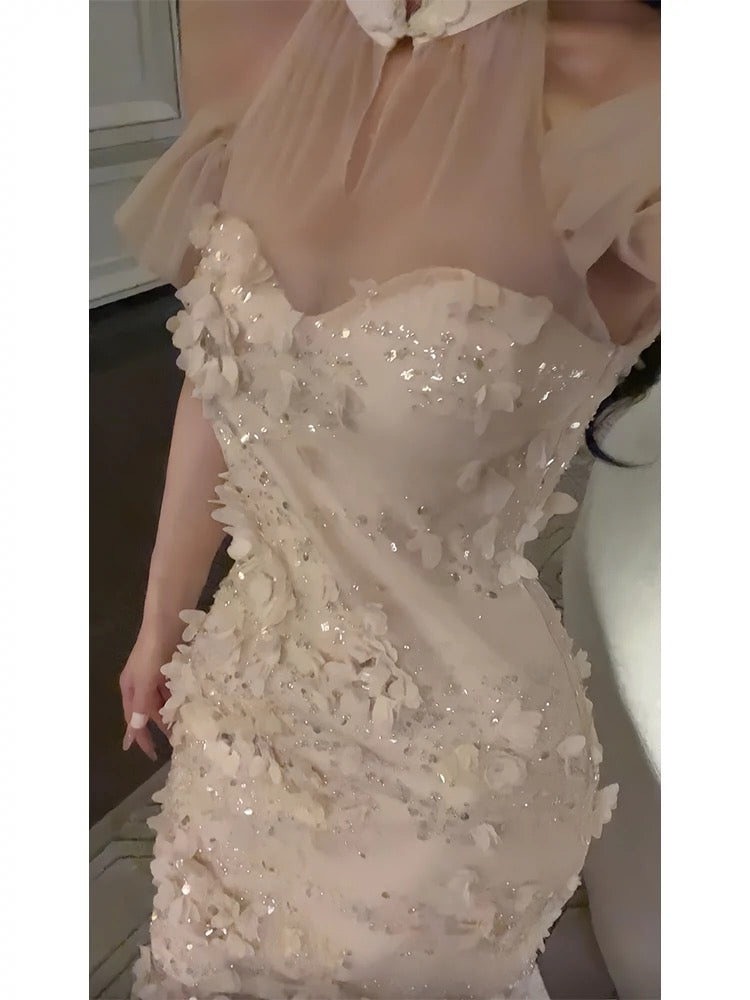Pretty Mermaid High Neckline White Tulle Floral Prom Dresses Sexy Evening Dress