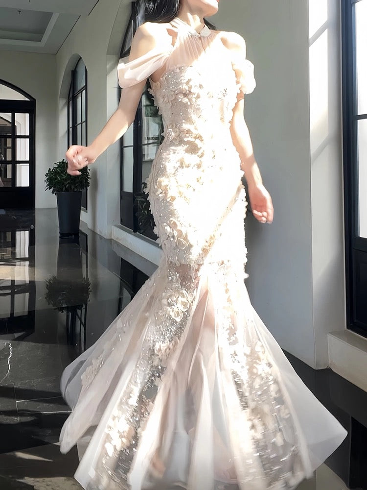 Pretty Mermaid High Neckline White Tulle Floral Prom Dresses Sexy Evening Dress