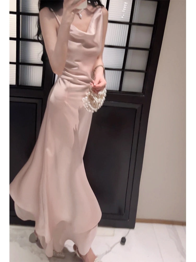Pretty A Line Spaghetti Straps Silk Satin Pink Prom Dresses Sexy Evening Dress