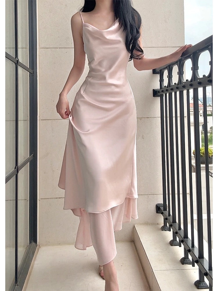 Pretty A Line Spaghetti Straps Silk Satin Pink Prom Dresses Sexy Evening Dress