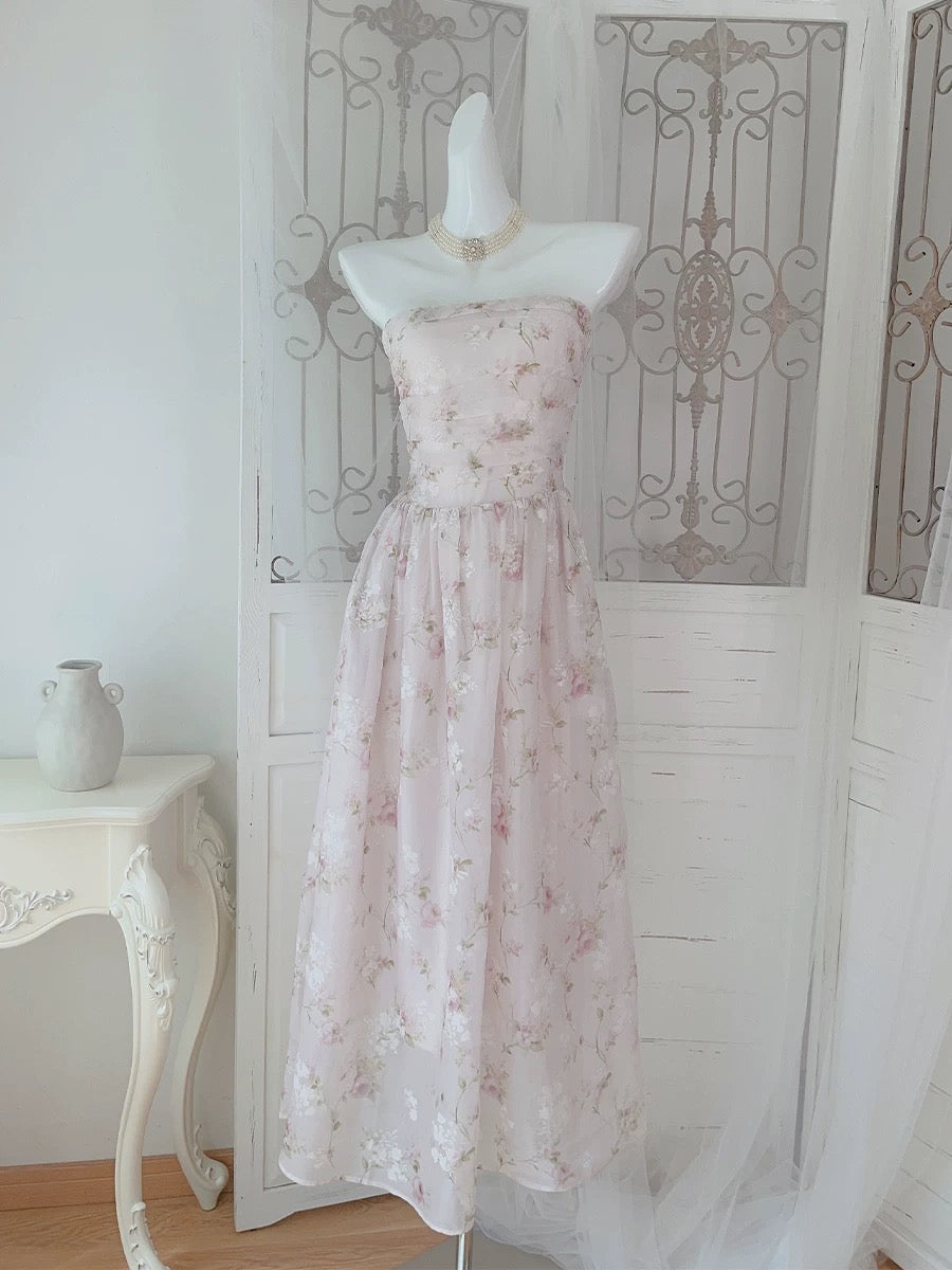 Pretty A Line Strapless Floral Pink Chiffon Prom Dresses Sexy Evening Dress