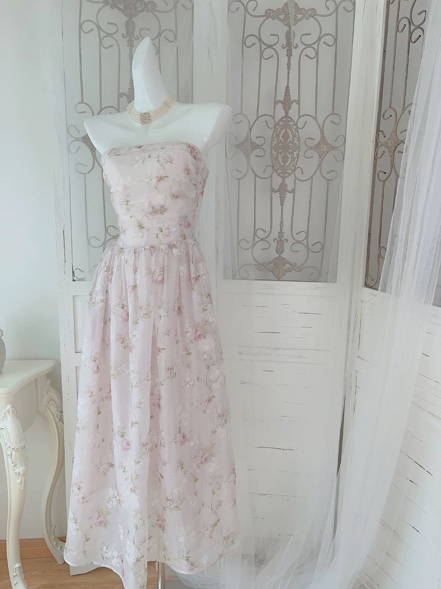 Pretty A Line Strapless Floral Pink Chiffon Prom Dresses Sexy Evening Dress
