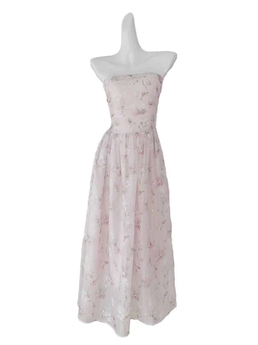 Pretty A Line Strapless Floral Pink Chiffon Prom Dresses Sexy Evening Dress