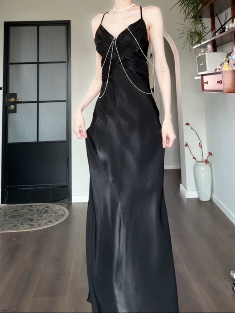 Pretty Sheath Spaghetti Straps Black Silk Satin Prom Dresses Sexy Evening Dress