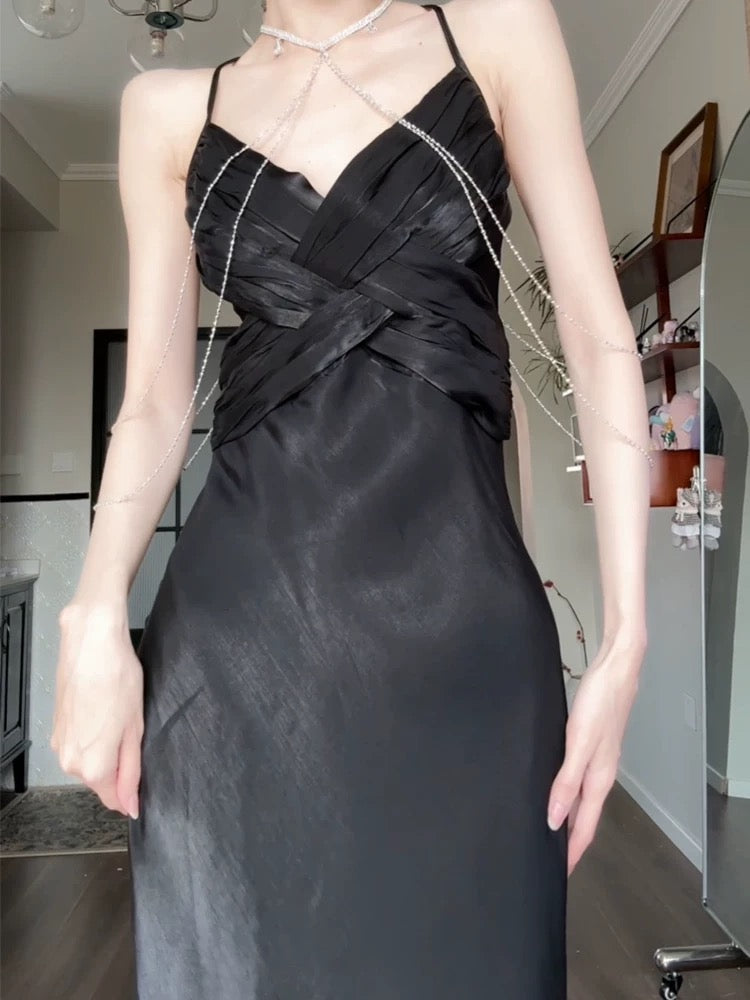 Pretty Sheath Spaghetti Straps Black Silk Satin Prom Dresses Sexy Evening Dress